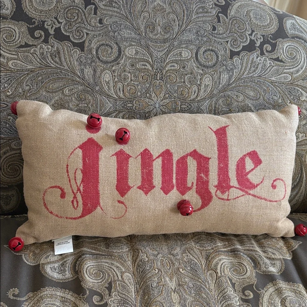 Pottery Barn Burlap Pillow with Red Jingle Design